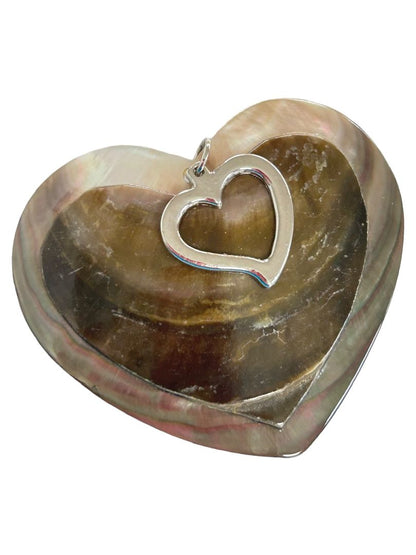 Heart Shaped Shell Silvertone Statement Pendant Brown 2.5"