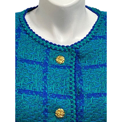 Vintage Castleberry Blue Green Plaid Boucle Tweed Blazer Jacket Size 18