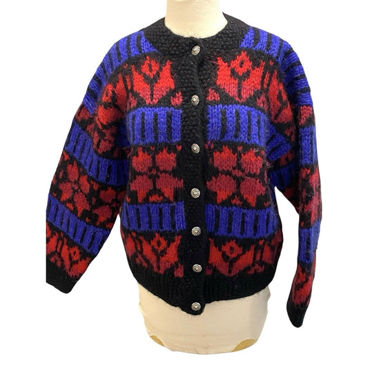 Icelandic Designs Wool Button Sweater Jacket Size Small Nordic Red Blue Back