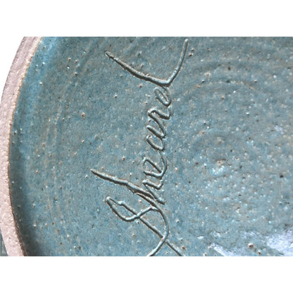 Signed Linda Sheard Pottery Blue Teal Plate Geometric Earth Glaze Handmade