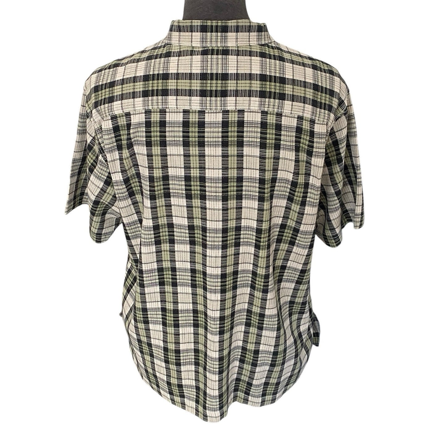 Large Tommy Bahama Button Up Shirt Mens Silk Short Sleeve Plaid Green Black Gray