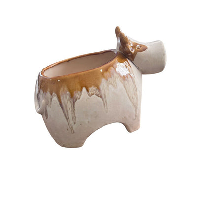 Cow Ceramic Glazed Planter Adorable Unique Brown White