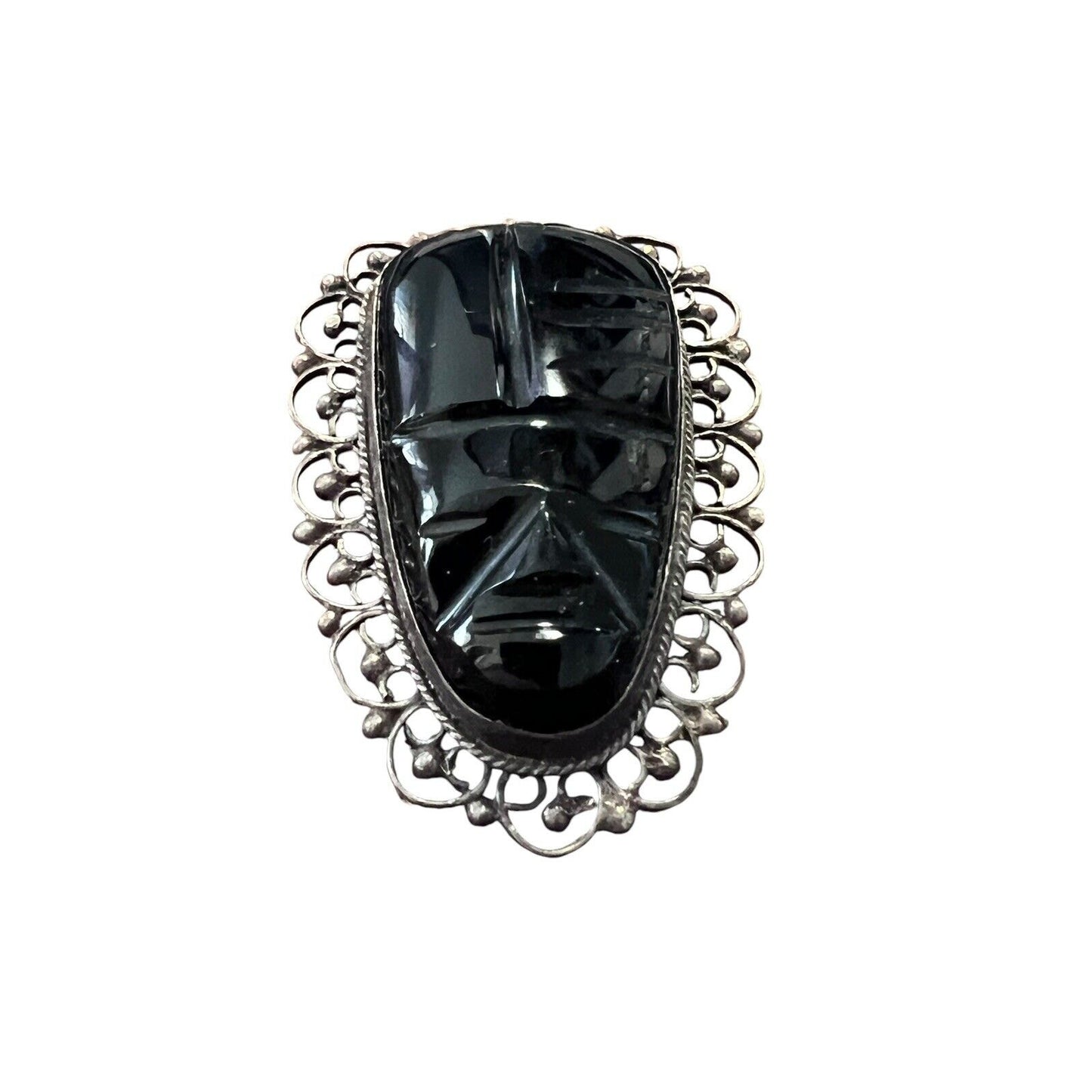 Large Vintage Mask Sterling Silver Carved Onyx Aztec Mayan Inca Face Mask Pin