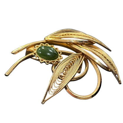 Vintage Nephrite Jade Cabochons Brooch Pin Gold Tone Filigree Leaves Beautiful