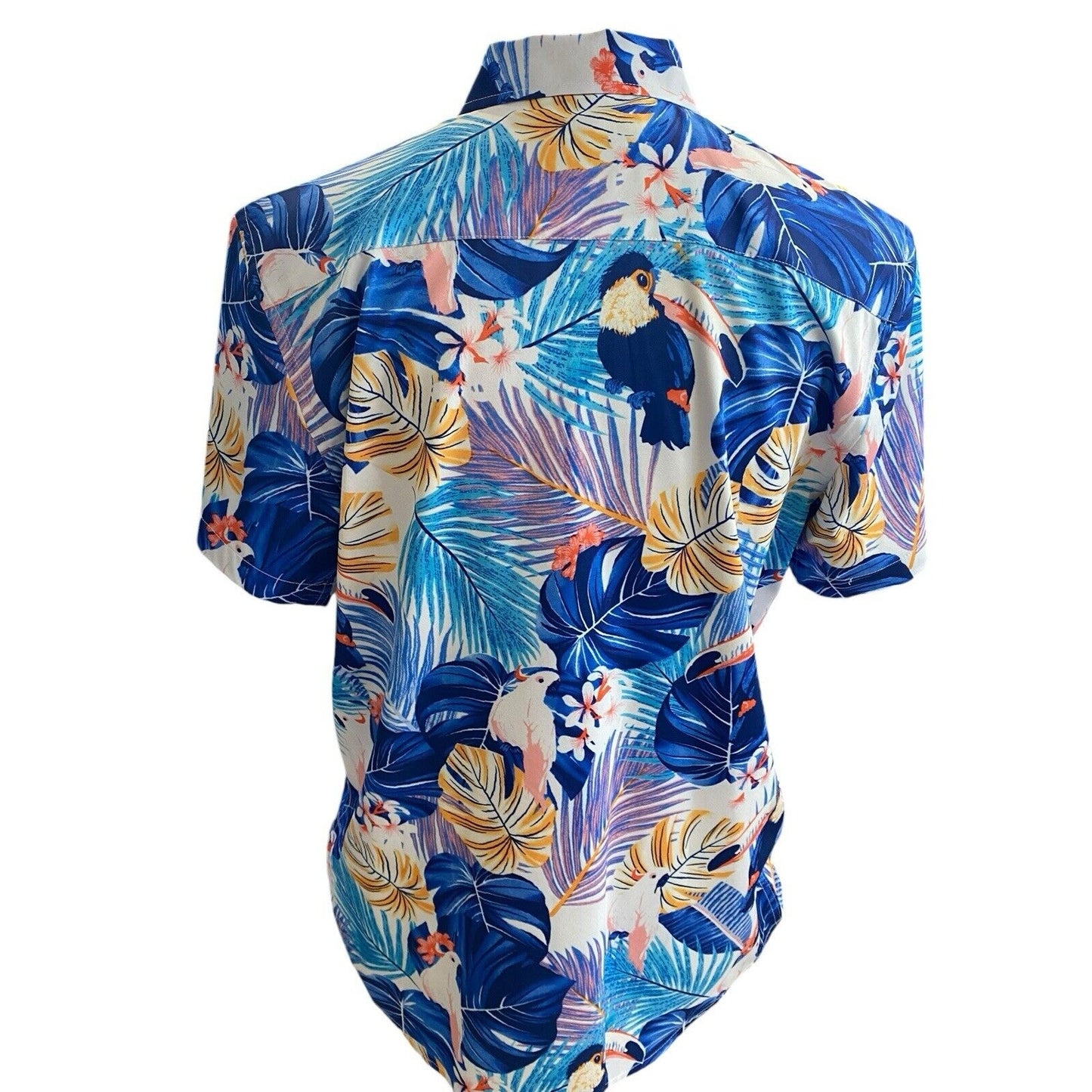 Large Suslo Couture Blue White Palm Toucan Button Down Hawaiian Shirt
