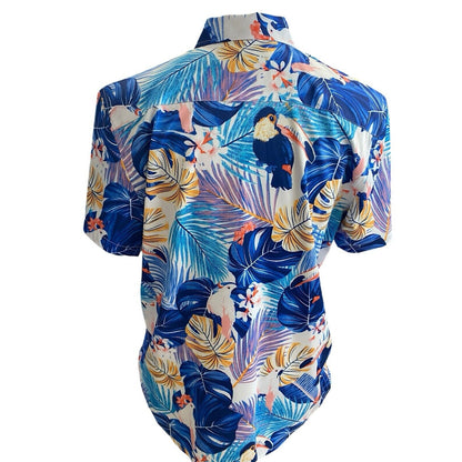Large Suslo Couture Blue White Palm Toucan Button Down Hawaiian Shirt