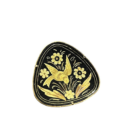 Damascene Brooch Pin Vintage Bird Flowers Gold Black Vtg Trombone Clasp Round