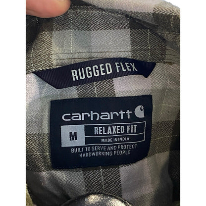 Size Medium Carhartt Flannel Shirt Mens Green Tan Plaid Rugged Flex Pearl Snap