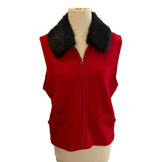 Large Vintage Tally Ho Red Wool Zip Front Vest Top Removable Fur Collar Holiday