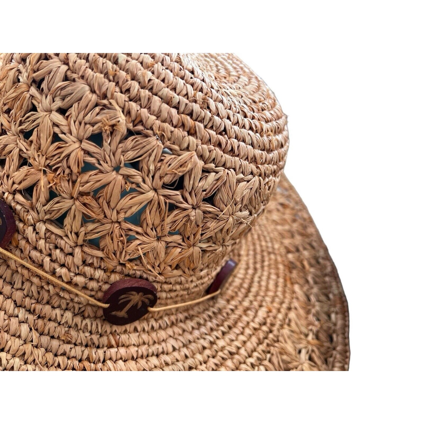 Women's Scala Crochet Straw Raffia 4" Brim Sun Floppy Hat Palmetto Tree Beads