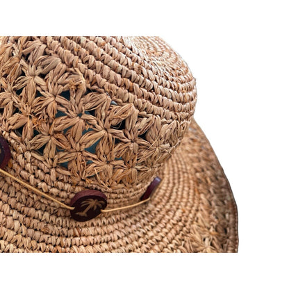 Women's Scala Crochet Straw Raffia 4" Brim Sun Floppy Hat Palmetto Tree Beads