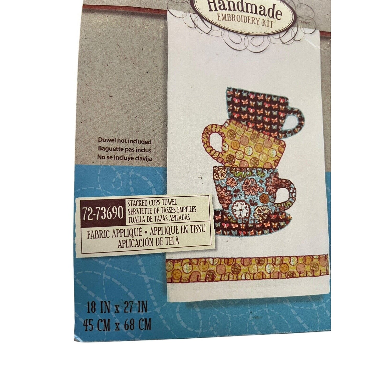 DIMENSIONS Fabric Applique Embroidery Kit Stacked Tea Cups Towel 18X27 72-73690