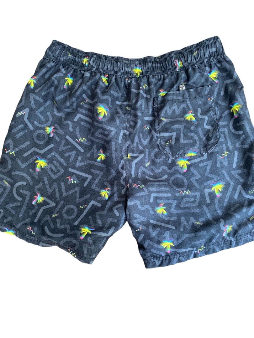 L Maui And Sons Black Retro Swim Trunks 80's Neon Palm Trees