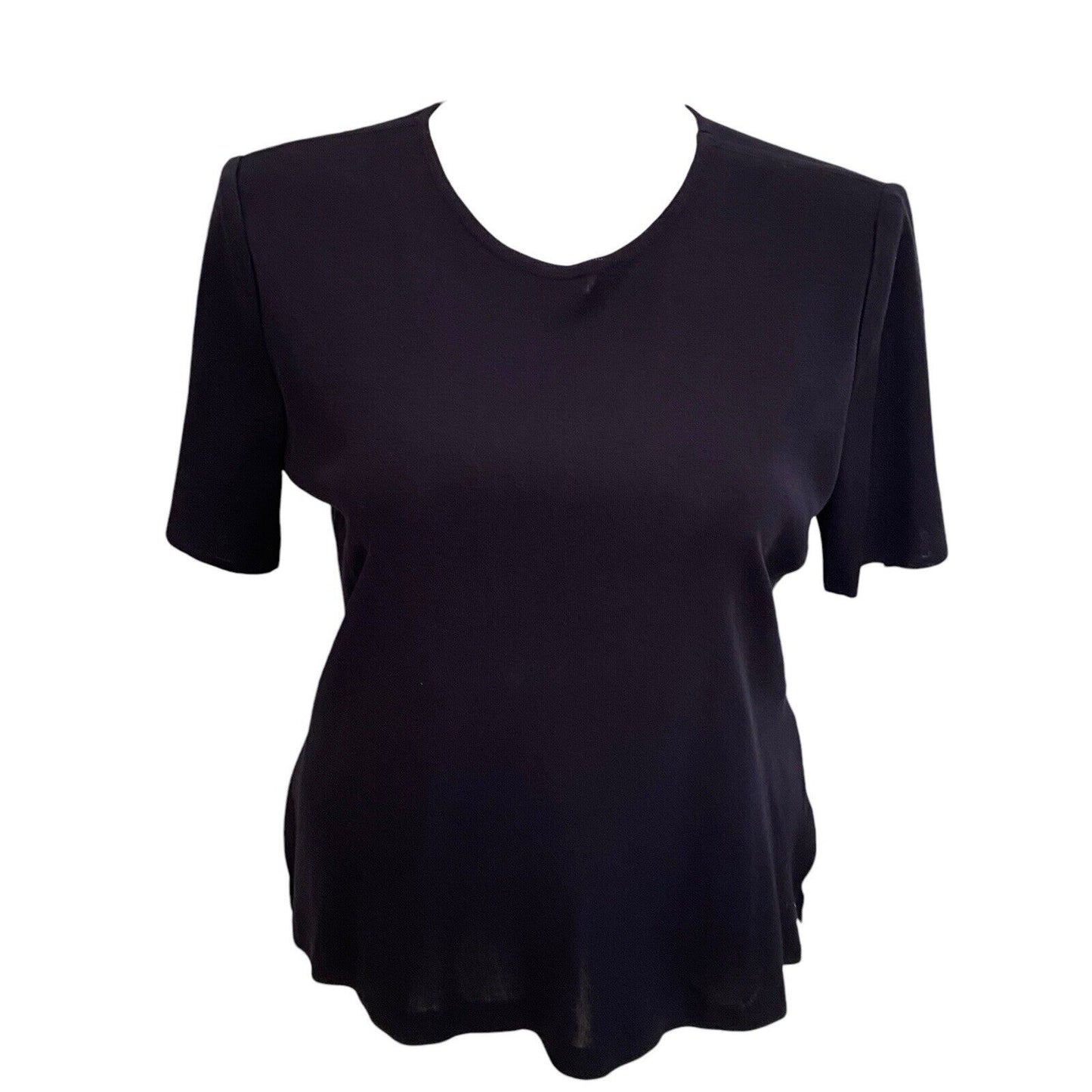 Exclusively Misook Top Women Sz L Navy Blue Short Sleeve Acrylic Minimalist