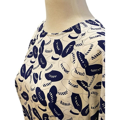 Size 12 Womens 100% Silk Blue Hat Print Fun Pullover Blouse Travel Wear Malouf’s