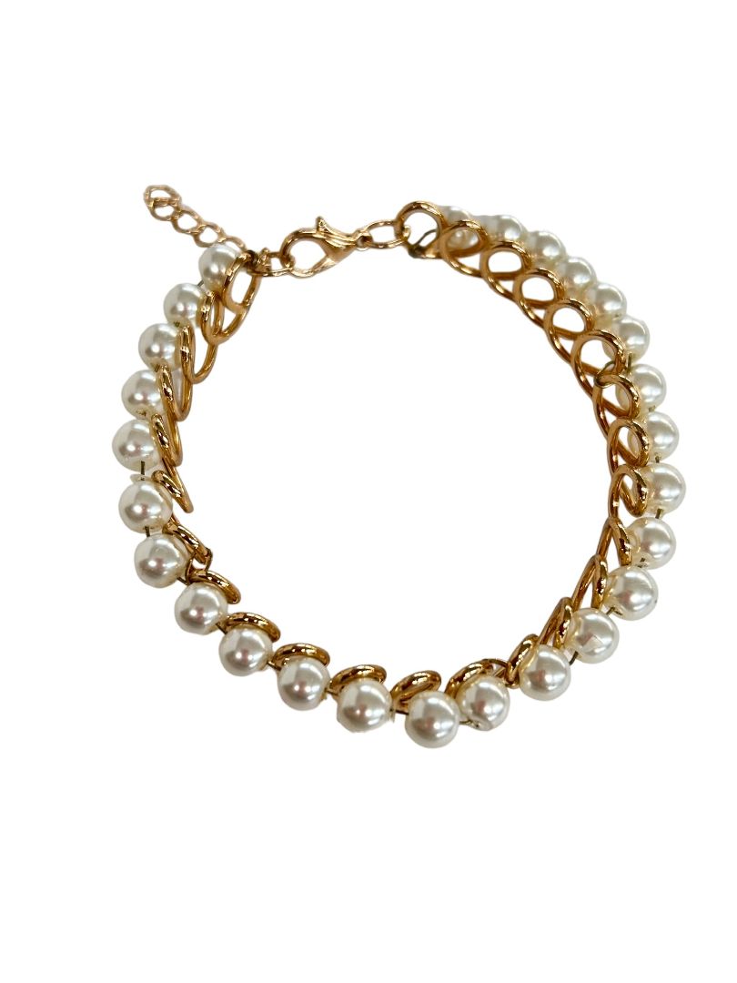 Faux Pearl Goldtone Bracelet Lobster Clasp Swirl Setting  6.5-7.5"