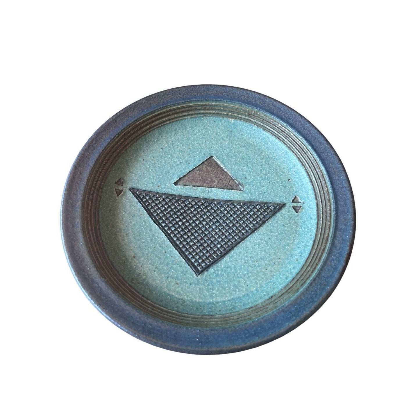 Signed Linda Sheard Pottery Blue Teal Plate Geometric Earth Glaze Handmade
