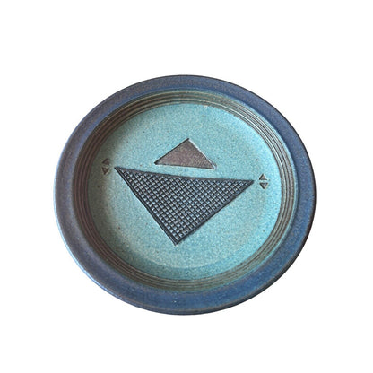 Signed Linda Sheard Pottery Blue Teal Plate Geometric Earth Glaze Handmade