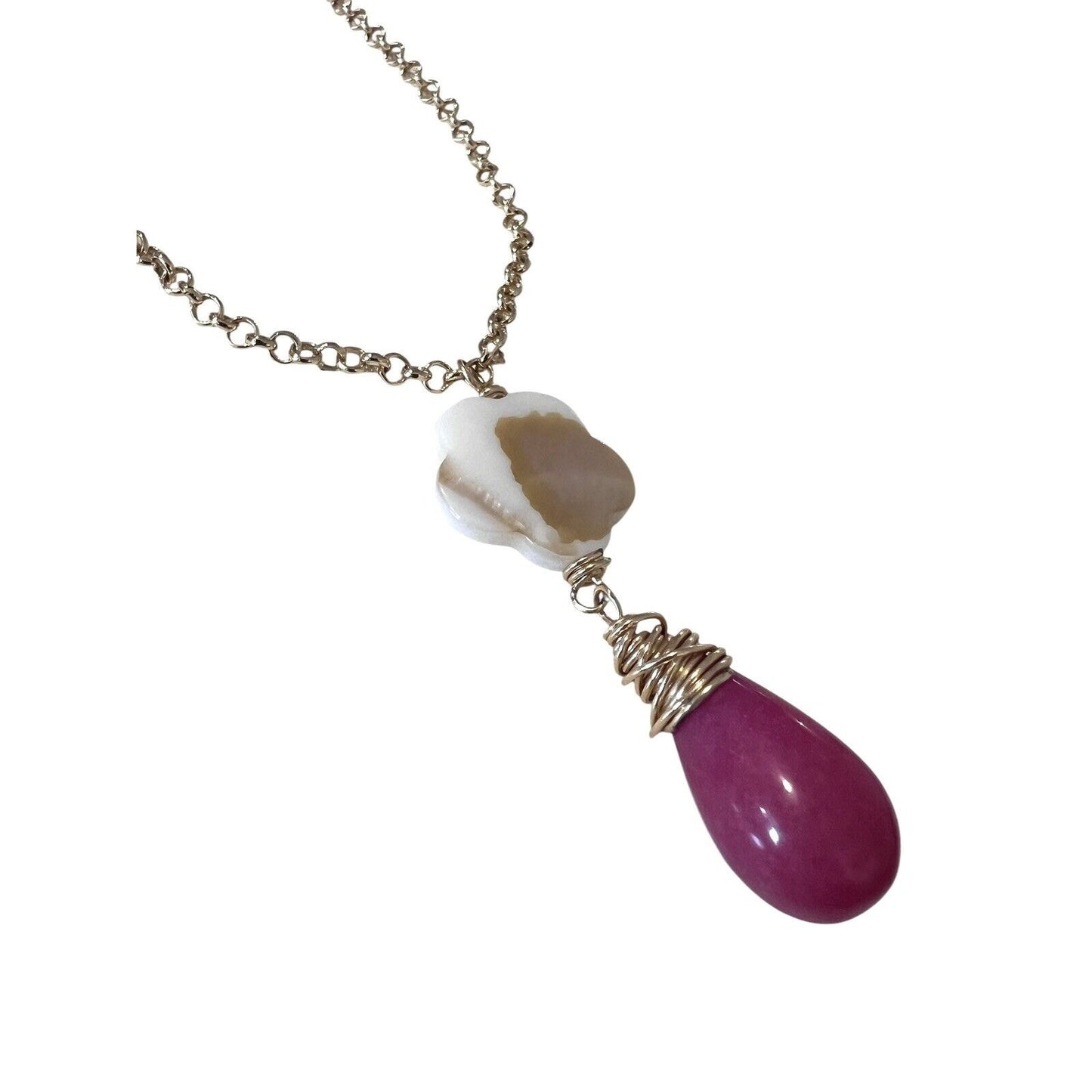 Goldtone Pendant Necklace Pink Teardrop Multi tone Flower Preppy