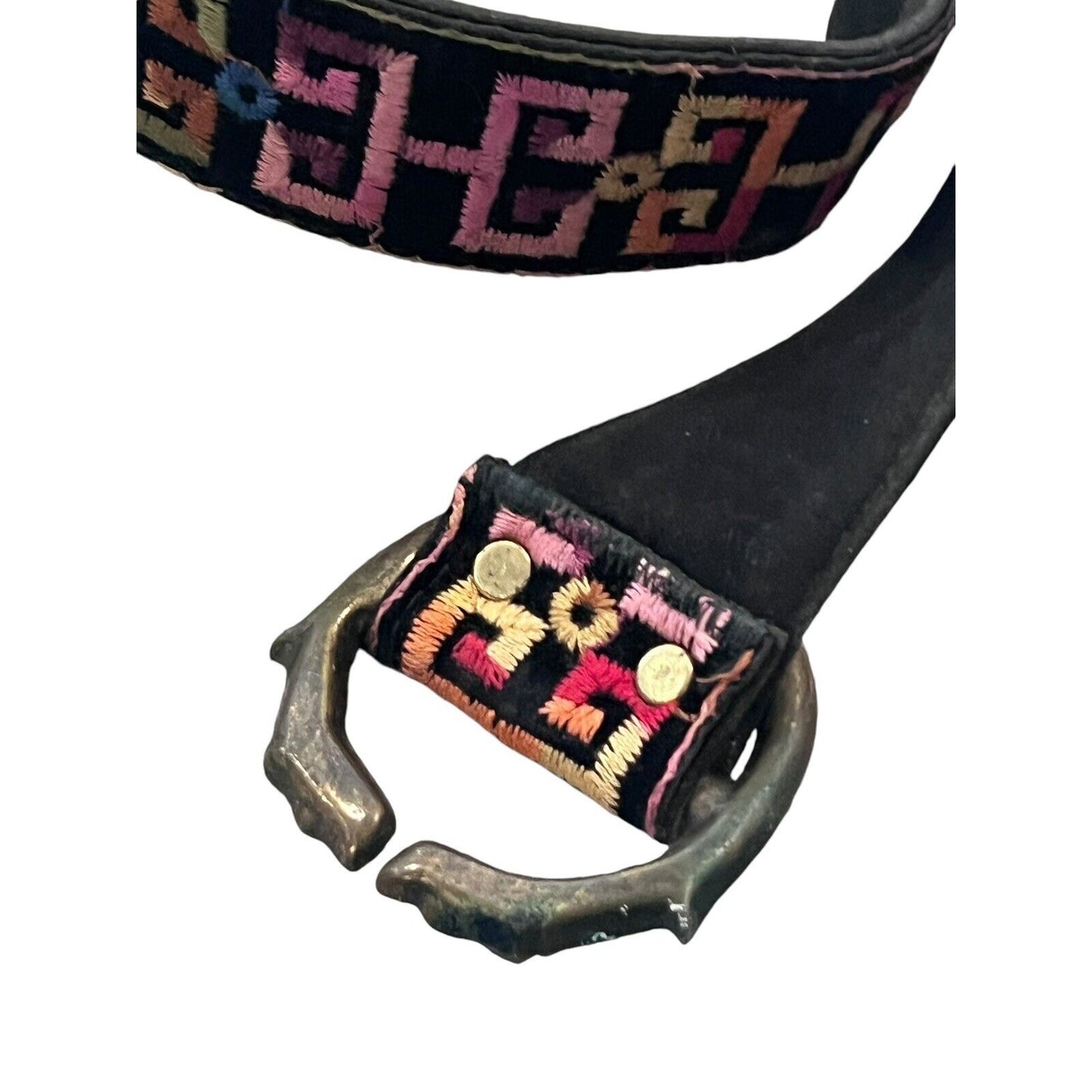 Size 33” Embroidered Multi Colored Tapestry Brown Leather Belt Boho Velvet