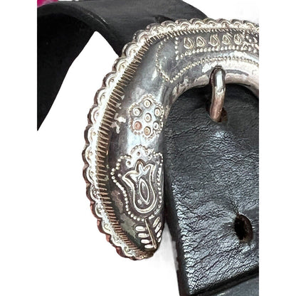 Size Large Black Western Wide Leather Belt Horse Silvertone Buckle