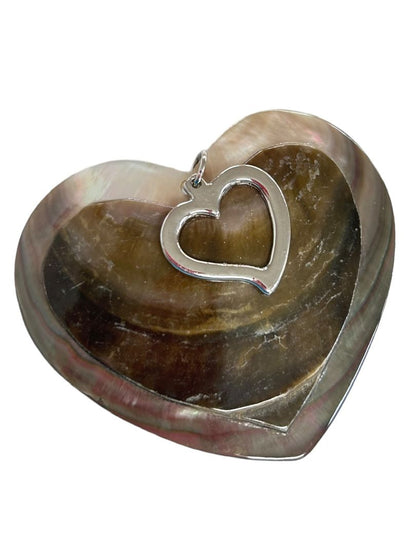 Heart Shaped Shell Silvertone Statement Pendant Brown 2.5"