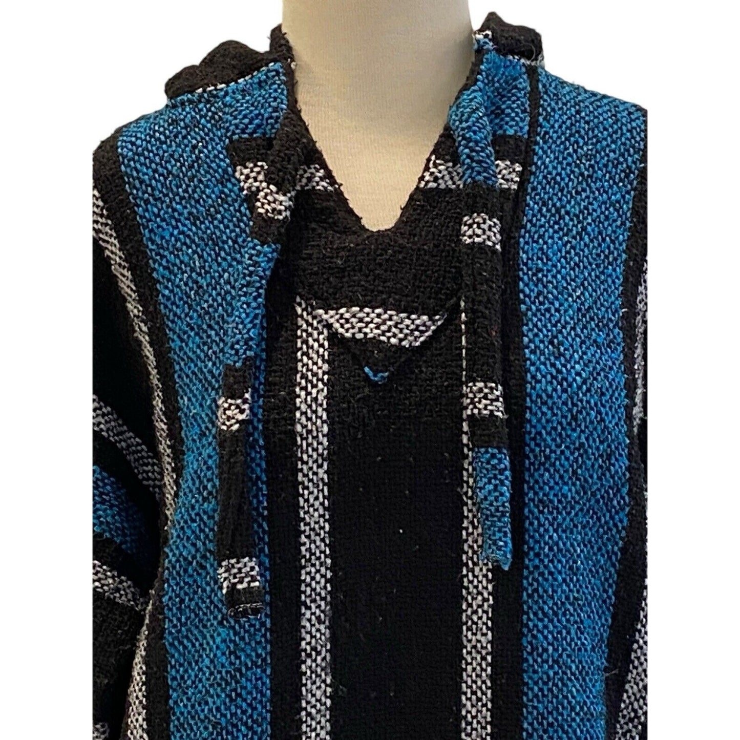Size L Baja Hippie Poncho Pullover Hoodie Mexican Drug Rug Black Gray Striped