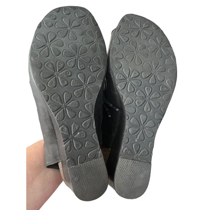 AETREX Women's Giselle Black Leather Lace Up Wedge Sandals Cut Outs Sz 10/41