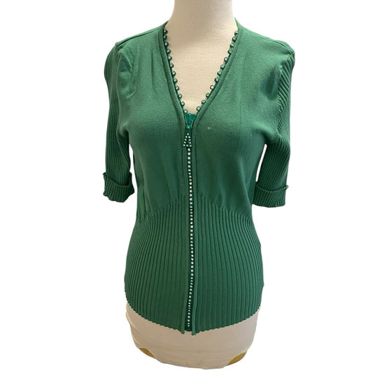 Size 2 Green ABC Fashion 3/4 Sleeve Sweater Rhinestone Bling Zipper Preppy Sassy