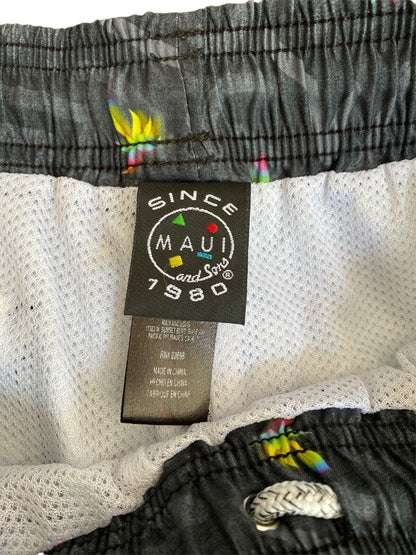 L Maui And Sons Black Retro Swim Trunks 80's Neon Palm Trees