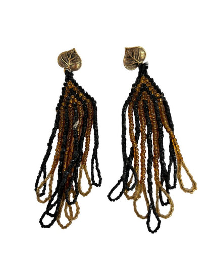 Vintage Seed Bead 3.5" Drop Dangle Earrings Goldtone Black Post Pierced