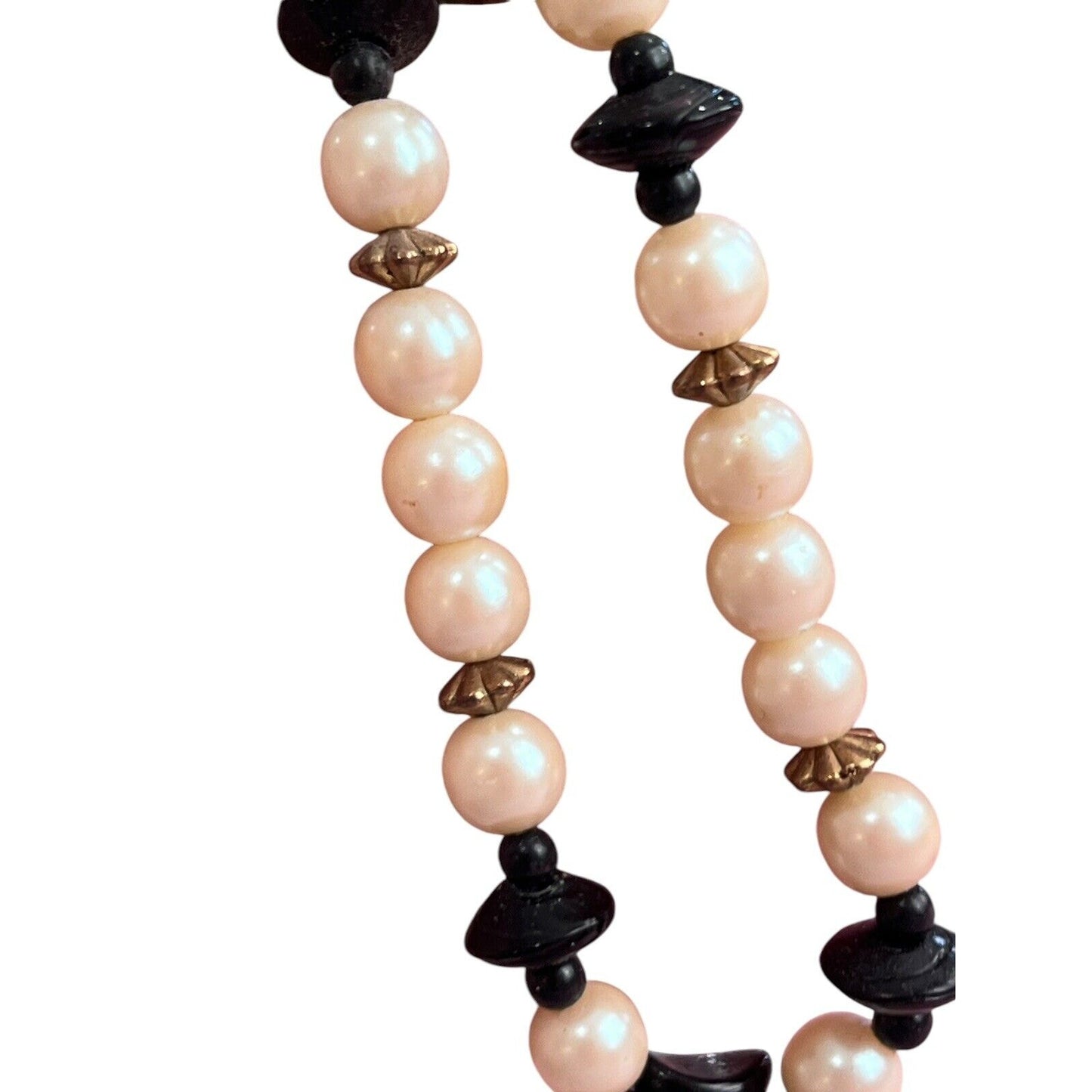 Faux Pearl Beads Black Painted Bird Floral Wood Pendant Strand Necklace Asian 29