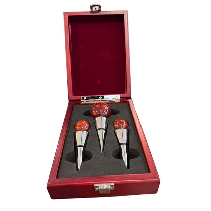 Gift Set of 3 Wood & Metal Wine Bottle Stopper Set in Wood Case