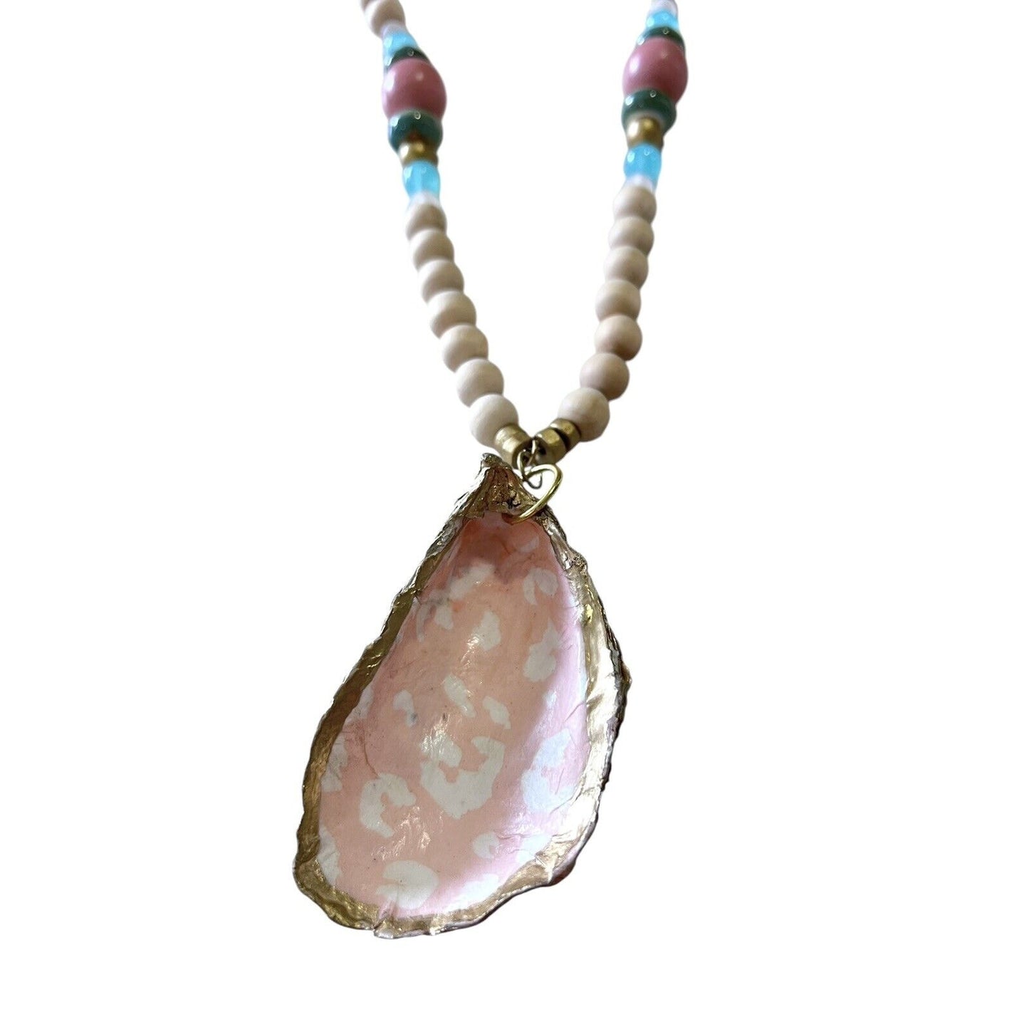 Painted Oyster Shell Pendant Necklace Wood Bead 30” Pastel Coastal Beach Preppy