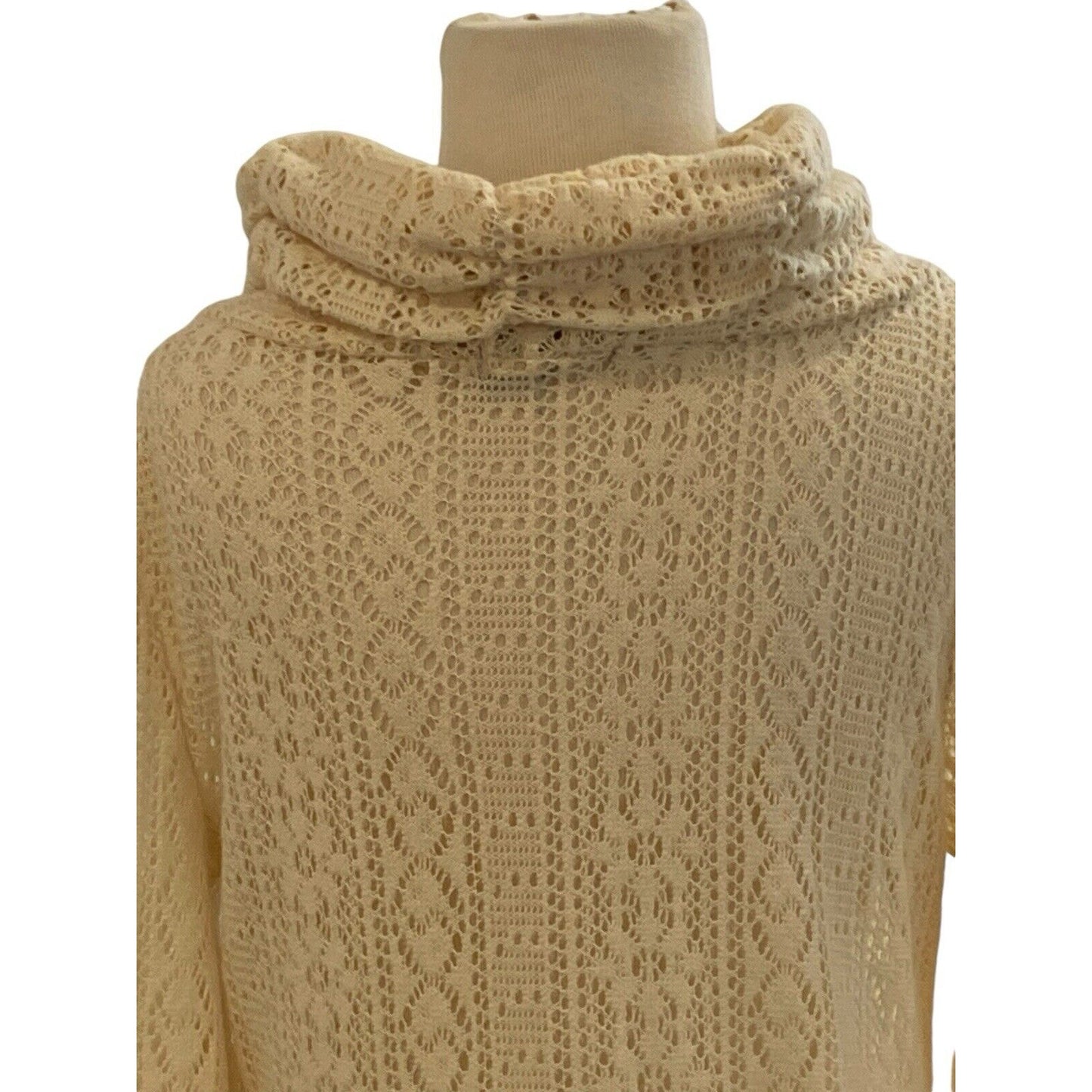 Size L Ryu Cream Cowl Neck Sweater Lace Trim Lagenlook Boho Womens Long Tunic