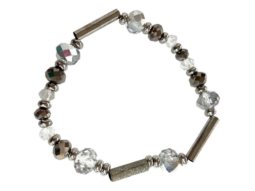 Sparkle Stretch Bracelet Silvertone Clear Faceted Beads Stretchy