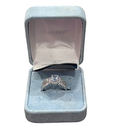 Epiphany Platinum Clad Diamonique Ring size 9 Round Lt Blue Accents .925