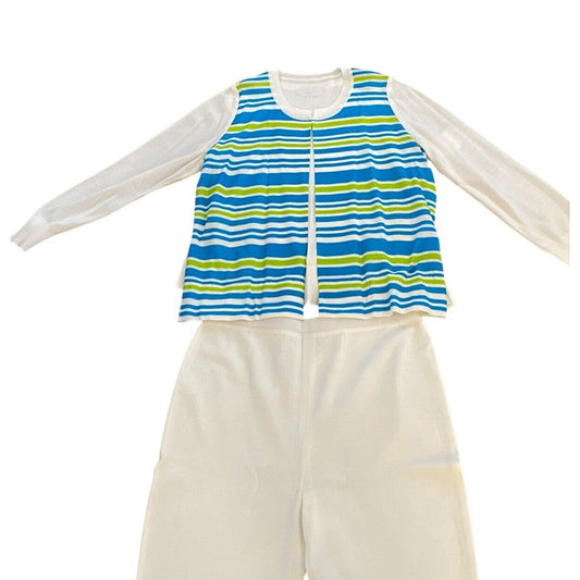 Exclusively Misook Jacket Pant 3 Piece Set NWT Size XL Cream Blue Green Stripe