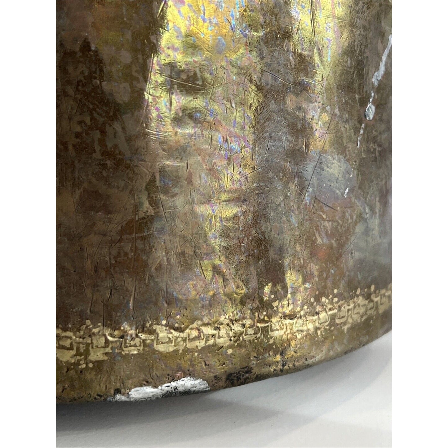 Primitive Copper Mixed Metal Hanging Pot Iron Handle Nice Gold Tone Design Trim