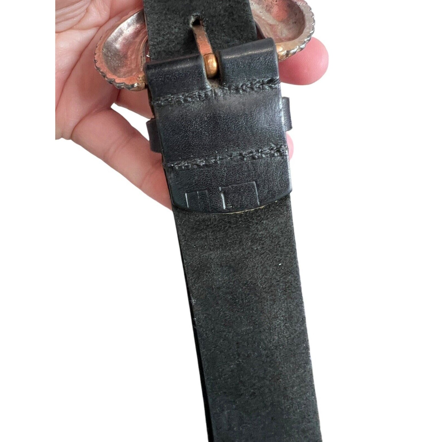 Size Large Black Western Wide Leather Belt Horse Silvertone Buckle