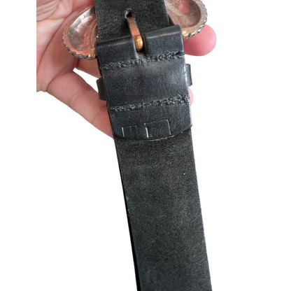 Size Large Black Western Wide Leather Belt Horse Silvertone Buckle