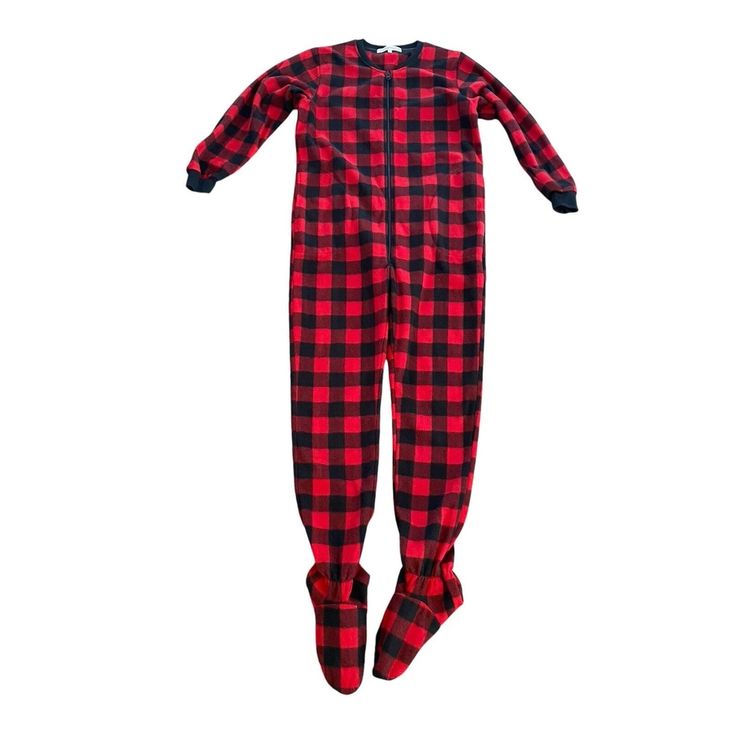 Sleepy Time Pjs Suit Womens Buffalo Check Footed Zip Long Pajamas Fleece Small