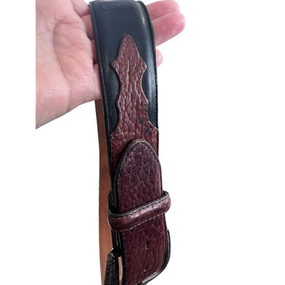 Vintage 1995 JUSTIN Western Black Brown Leather Belt Cowboy Silver Tone Buckle