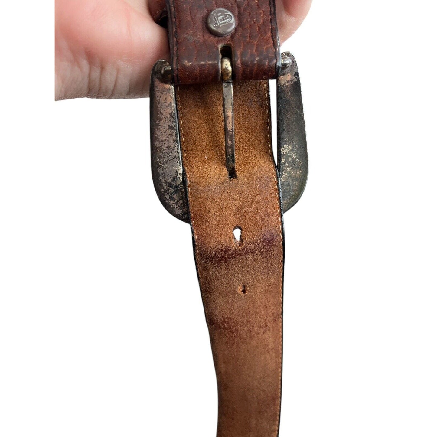 Vintage 1995 JUSTIN Western Black Brown Leather Belt Cowboy Silver Tone Buckle