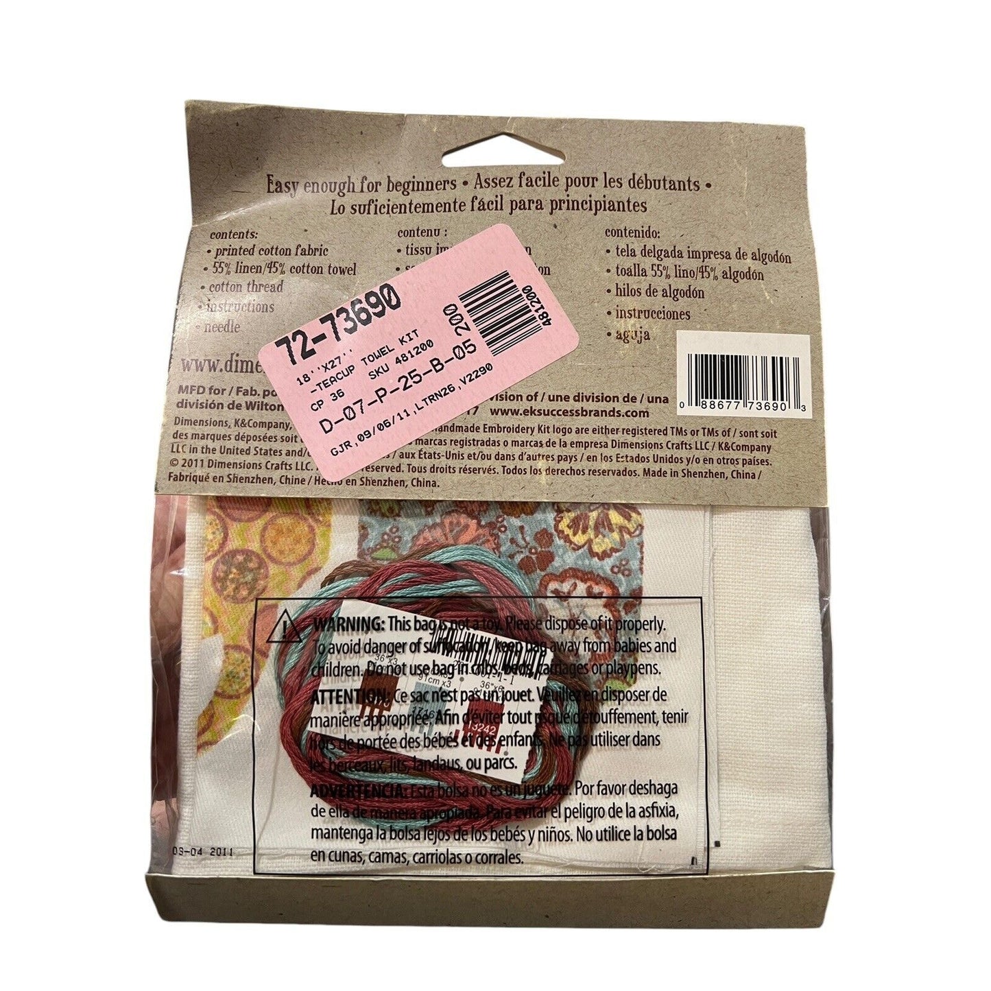 DIMENSIONS Fabric Applique Embroidery Kit Stacked Tea Cups Towel 18X27 72-73690