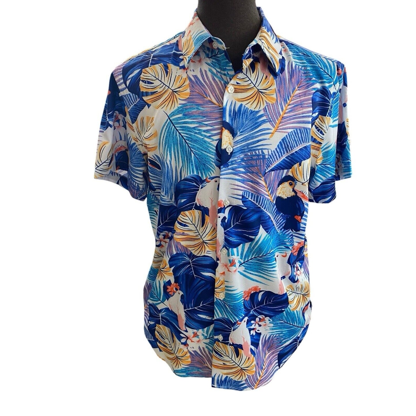 Large Suslo Couture Blue White Palm Toucan Button Down Hawaiian Shirt