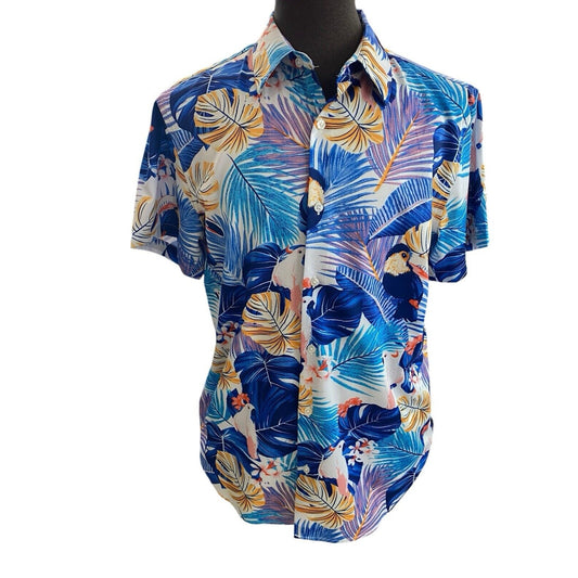 Large Suslo Couture Blue White Palm Toucan Button Down Hawaiian Shirt