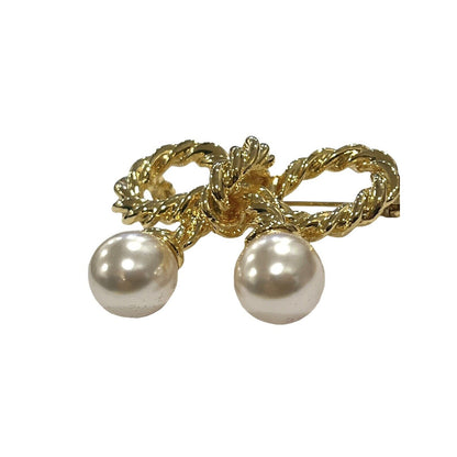 Vintage Gold Tone Faux Pearl Braided Bow Pin Brooch Rope