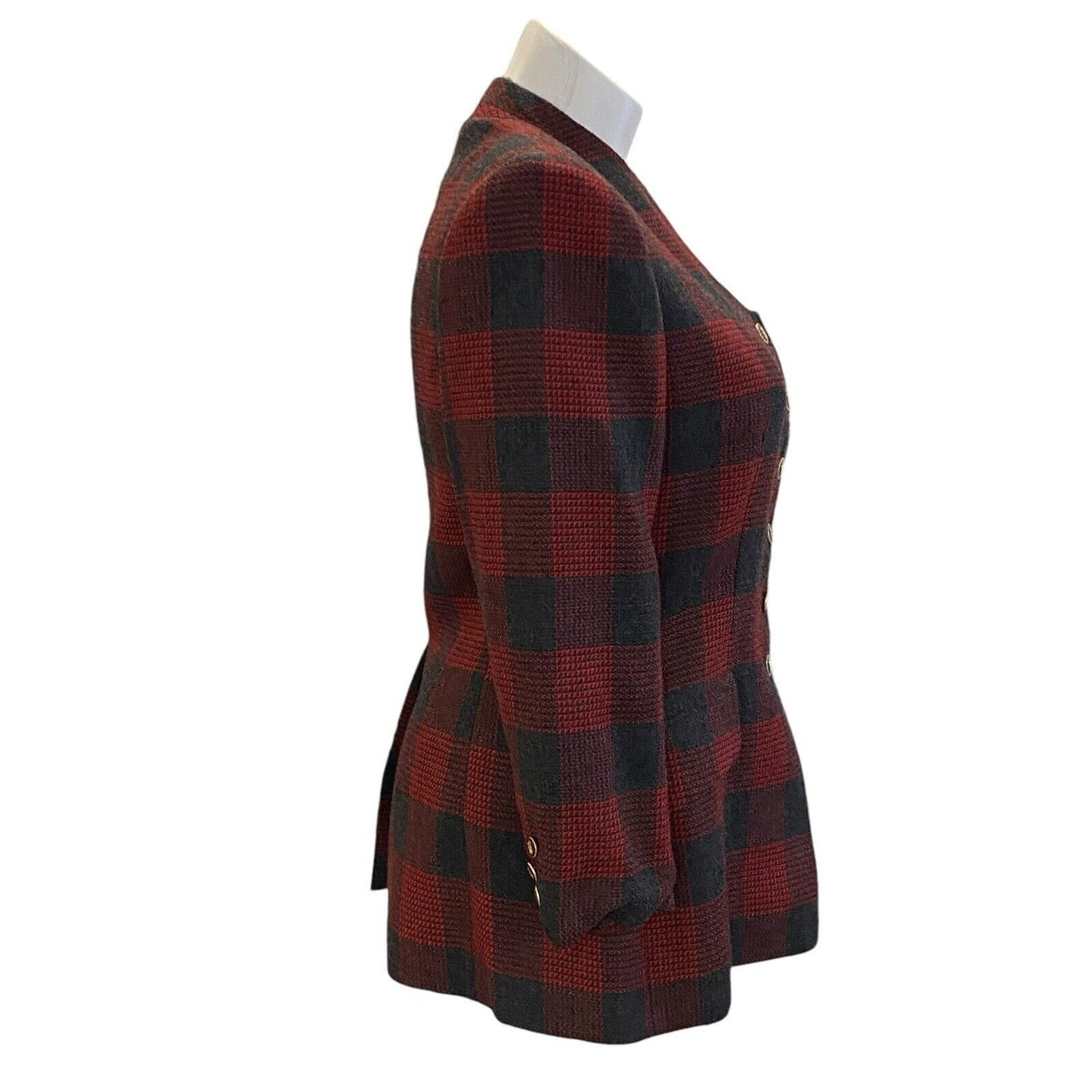 Size 12 John Meyer Of Norwich Blazer Red Gray Plaid Wool Blend Jacket VTG Enamel