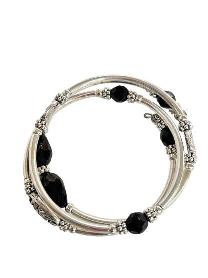 Silvertone and Black Beaded Wrap Style Metal Bracelet Bangle Adjustable